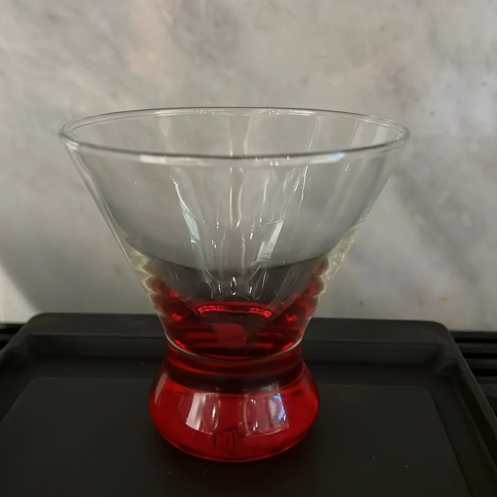 Crate & Barrel Dizzy Red Liquor Cocktail Weighted Glass Red Bottom discontinued